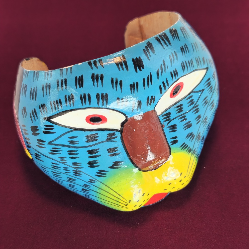 Vintage Hand Painted Wooden Animal Cat Face Cuff Bracelet Blue Folk Art Floral